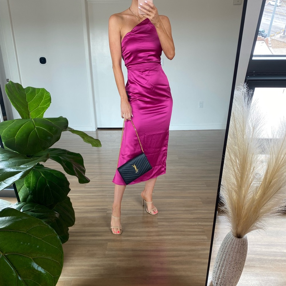 Satin One-Shoulder Lace-Up Midi Dress